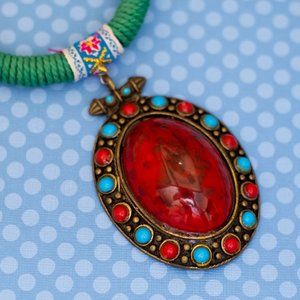 19 inch, Vintage Art Deco Oval Faux Gem Bohemian Necklace - M33